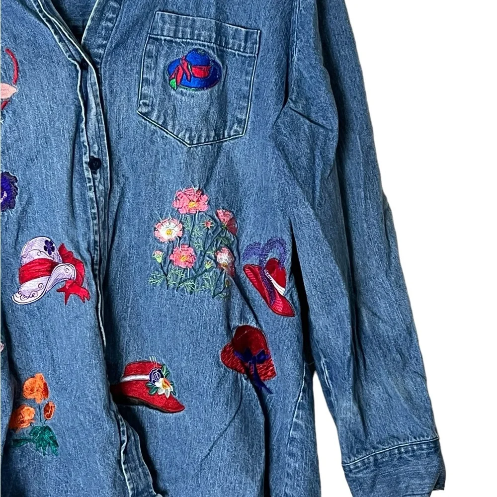 Edward Woman | Vintage embroidered button down denim shirt size extra la…